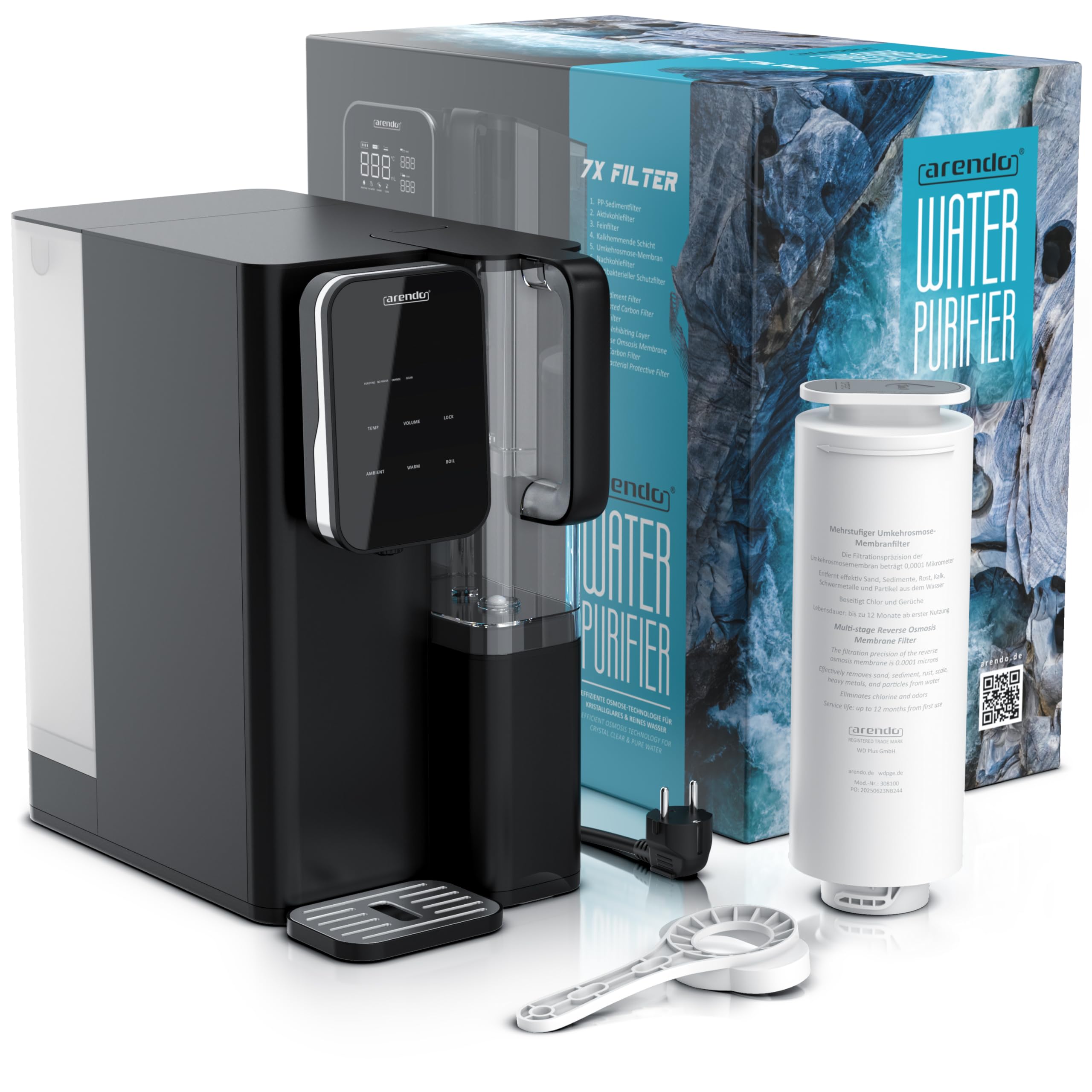 Arendo - Premium Osmoseanlage - 99,99% reines Trinkwasser - 7 stufiges Filtersystem (5+2) – Umkehrosmose/Wasserfilter – keine Installation - Auftisch Gerät – Heißwasserspender 40°C - 100°C – TDS 8