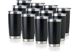 DOMICARE 20oz Stainless Steel Tumbler Bulk with Lid, Double Wall Vacuum Insulated Travel Mug, Powder Coated Coffee Cup, Powder Black, 12 Pack