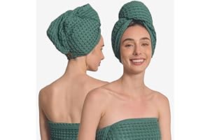 KOSMU Hair Towel | 100% Cotton Silk Hair-Drying Waffle Wrap Turban for Women, Ultra-Absorbent, Anti Frizz, Hair Damage Protection for Straight and Curly Hair (Forest Green, Set of 1)