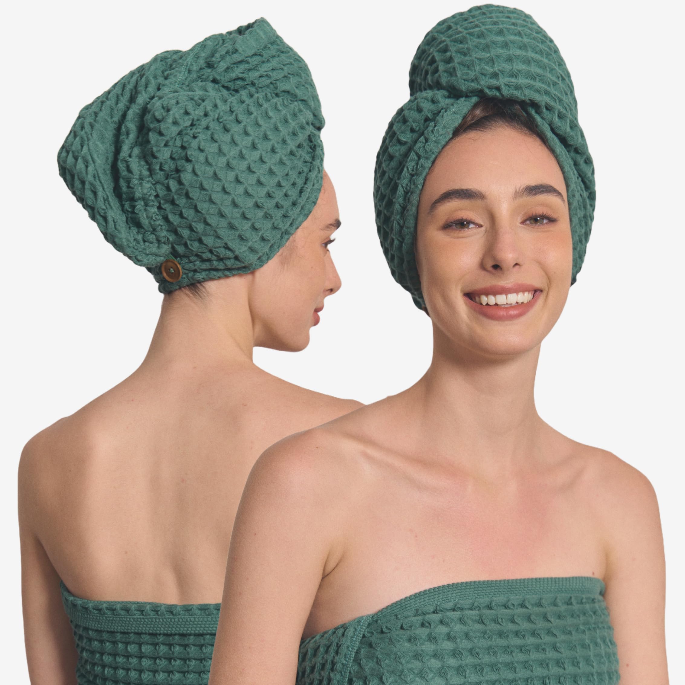 Photo 1 of KOSMU Hair Towel | 100% Cotton Silk Hair-Drying Waffle Wrap Turban for Women, Ultra-Absorbent, Anti Frizz, Hair Damage Protection for Straight and Curly Hair (Forest Green, 1 Pack)