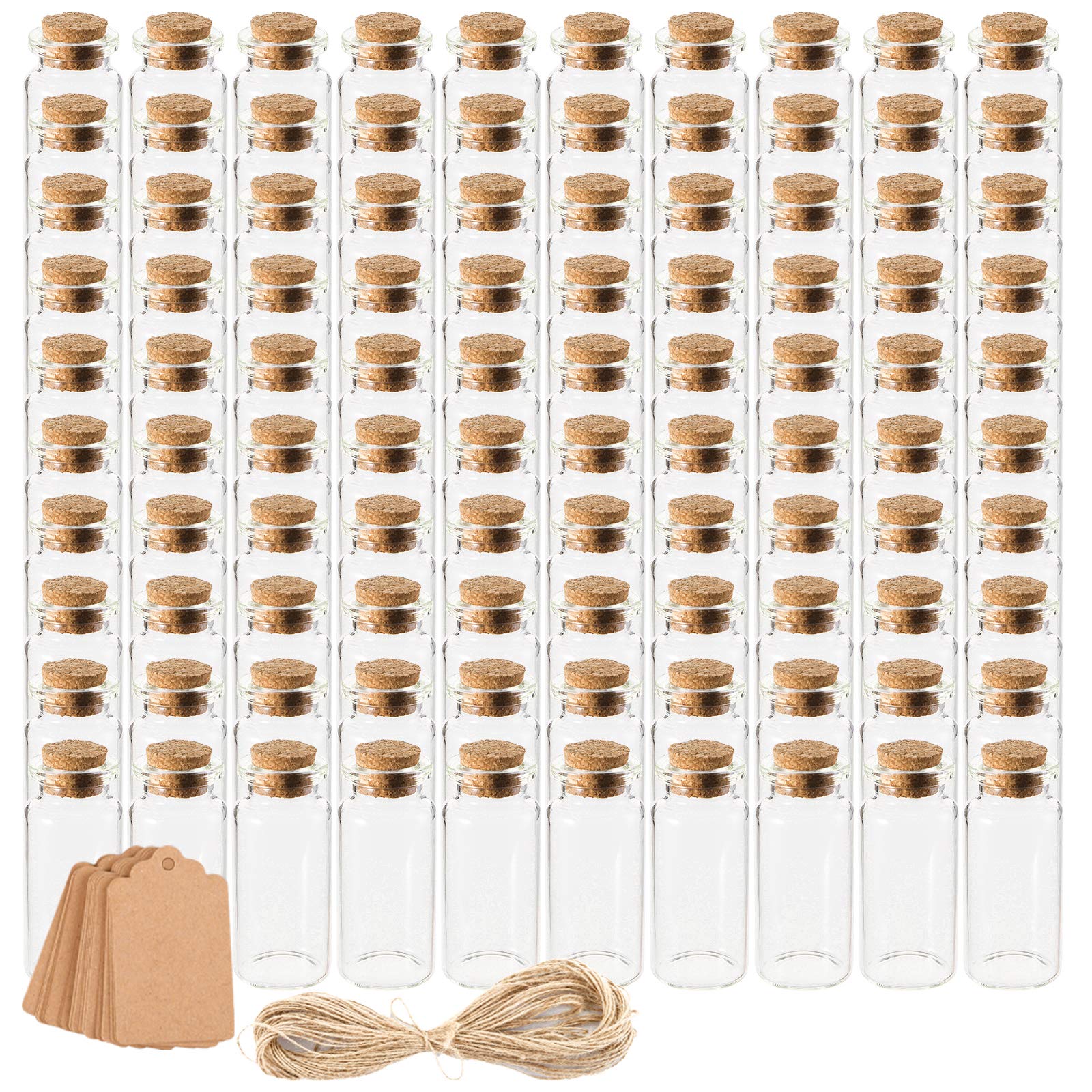 Kingrol 100 Pack 10ml Glass Bottles Wish Bottles with Cork Stoppers, Mini Bottle with Personalized Label Tags and String for Arts Crafts Projects, Decoration, Party Favors
