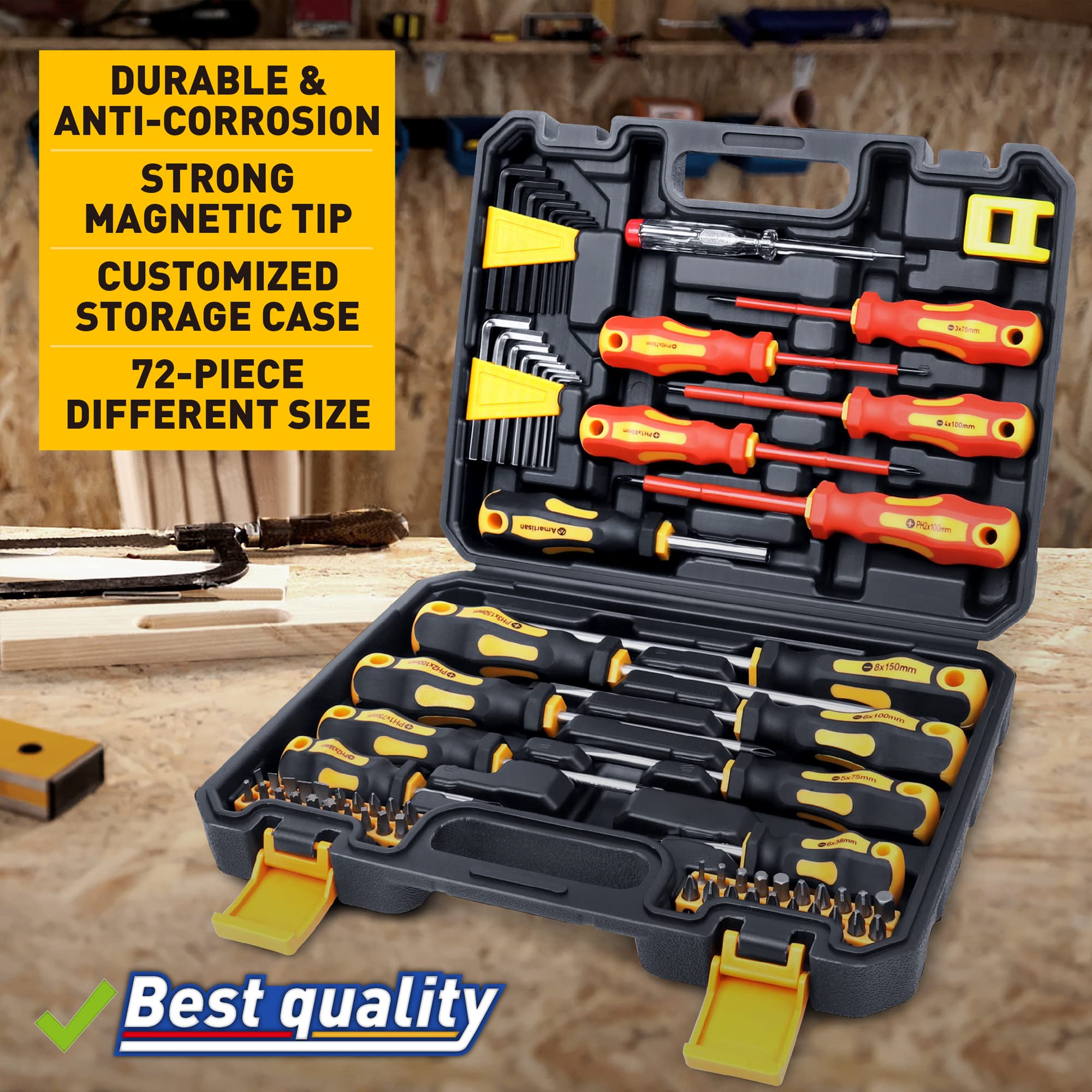 Magnetic Screwdrivers Set with Case, Amartisan 72-piece Includs Slotted, Phillips, Hex, Square, Pozidriv,Torx Bits and Insulated Screwdriver Set (1000V), Tools for Men