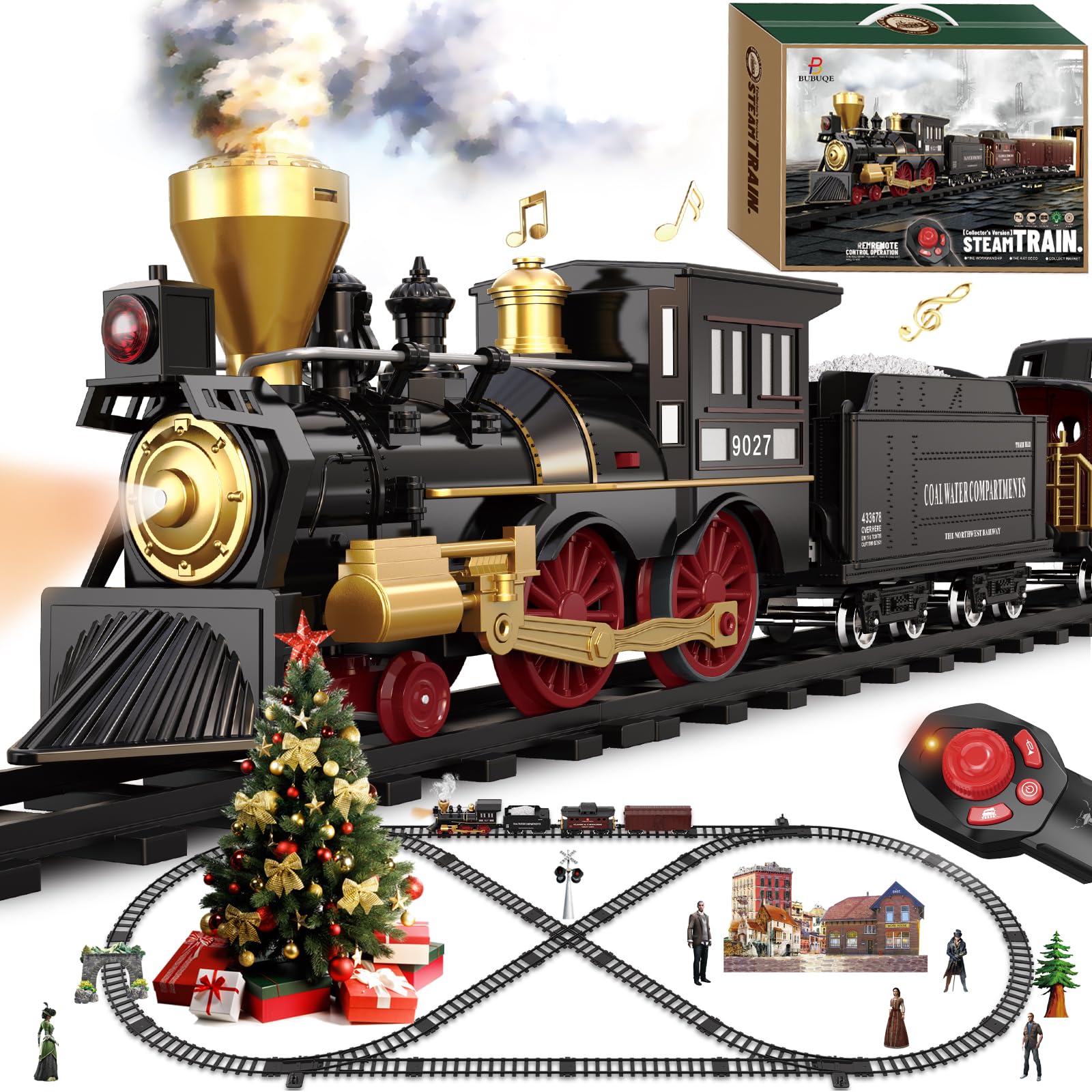 View 1 of Train Set for Kids Remote Control Train Toys w/Steam Locomotive,Passenger Carriage & Luxury Tracks, Electric Trains w/Realistic Smoke,Sounds & Lights, Christmas Birthday Gift for Boys Girls 3 4 5 6 7