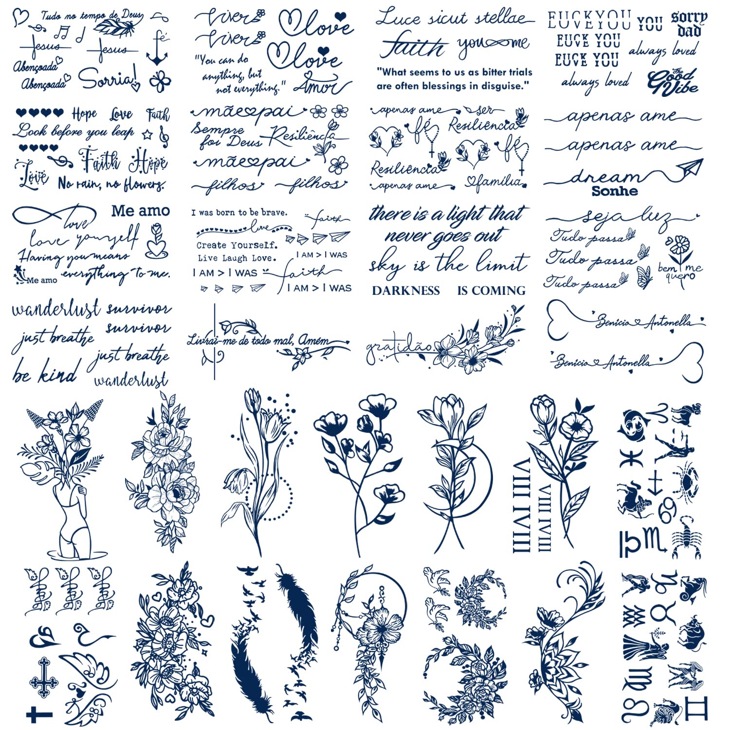 30 Sheets Semi-Permanent Tattoos for Women Inspirational Words Tattoo Stickers, Floral Rose Sunflower Body Dark Blue Fake Tattoos for Adult Men Kids, Lasting 1-2weeks Tiny Waterproof Sticker(Words)