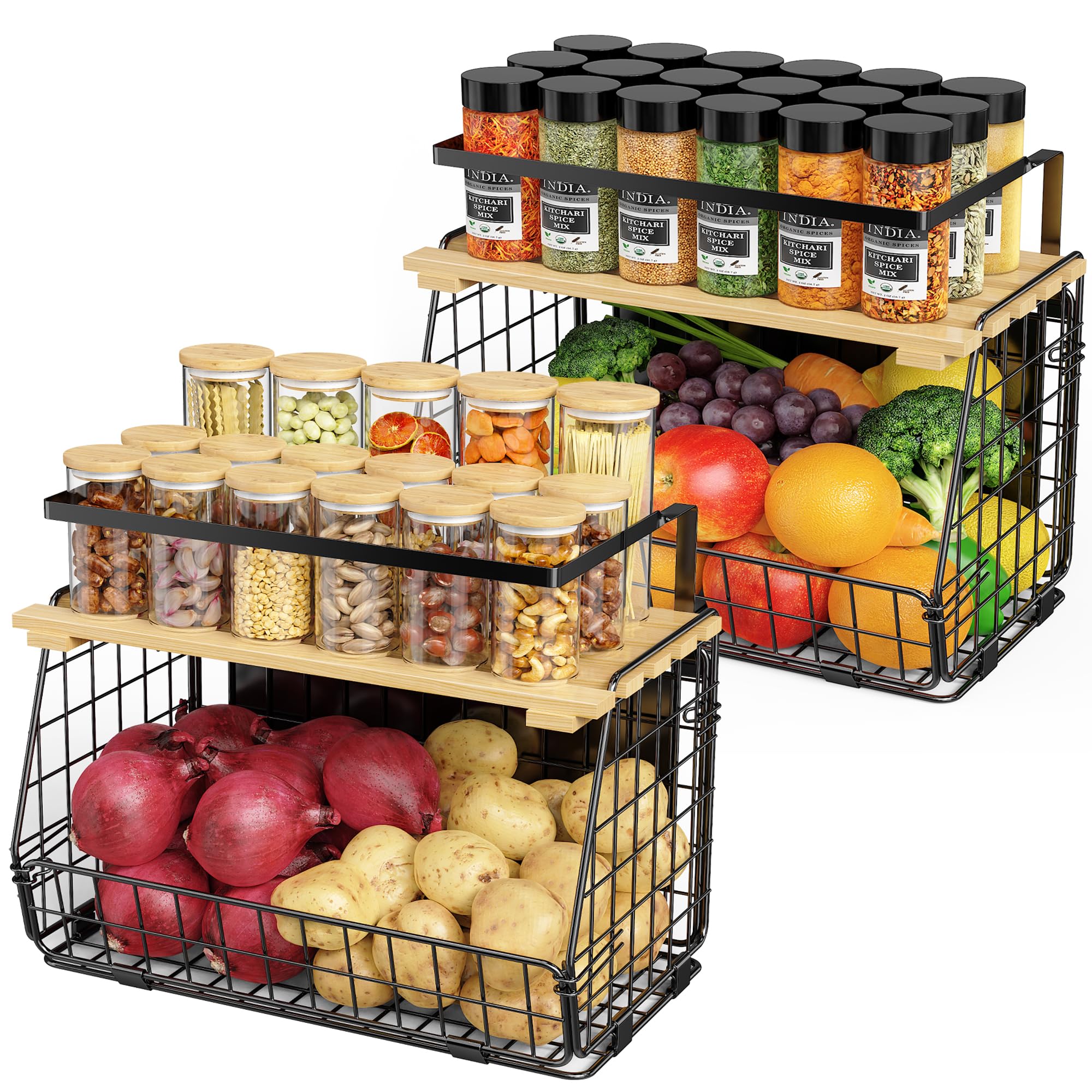 Photo 1 of GGIU Magnetic Shelf for Fridge with Wood Lid: 2 Pack Fruit Potato and Onion Storage Bin - Magnetic Spice Rack for Refrigerator & Kitchen Counter - Pantry Organizers and Storage