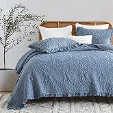 HORIMOTE HOME Blue Ruffled Quilt Queen Size, Stone-Washed Microfiber Lightweight Crinkled Farmhouse Rustic Shabby Chic Bedding Set, 3 Pieces Reversible Bedspread with Pillow Shams for All Season