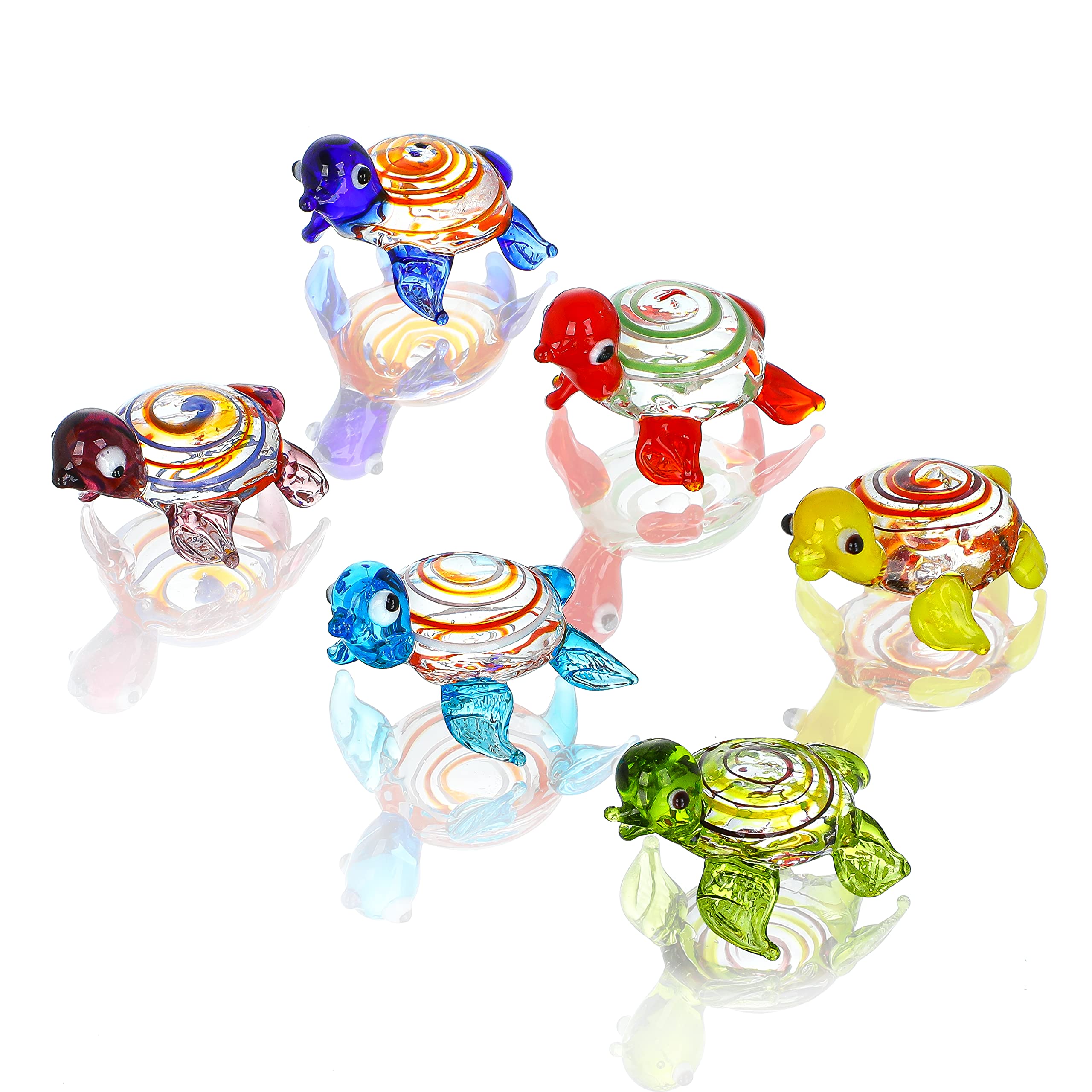 HDCRYSTALGIFTS Set of 6 Handmade Mini Sea Turtle Figurines Hand Blown Sea Animal Collectibles Ornament Art Glass Miniature Decor