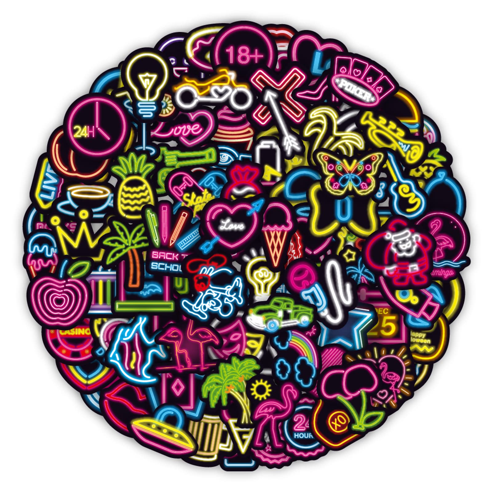 Adkumil 100Pcs Neon Style Stickers，Trendy Graffiti Waterproof Vinyl Cool Neon Light Stickers for Kids Teens Adults, Laptop Water Bottle Guitar Skateboard Luggage Phone