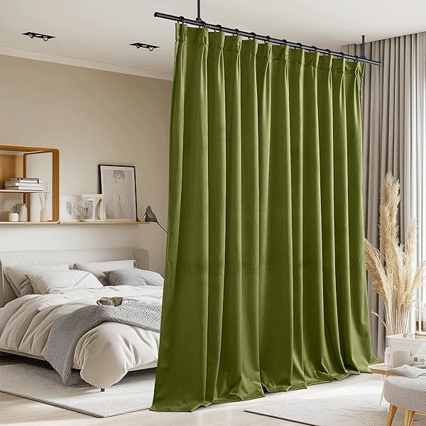 STANGH EXTRA WIDE PINCH PLEATED VELVET CURTAINS 84 INCHES LONG, SUPER SOFT LIGHT DIMMING ROOM DIVIDER THERMAL INSULATED SLIDING DOOR CURTAINS FOR LIVING ROOM, OLIVE GREEN, W72 X L84, 1 PANEL