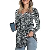 Zyyfly Womens Long Sleeve Tunic Tops Loose Fit Henley Shirt Pleated Button Down Blouse for Leggings