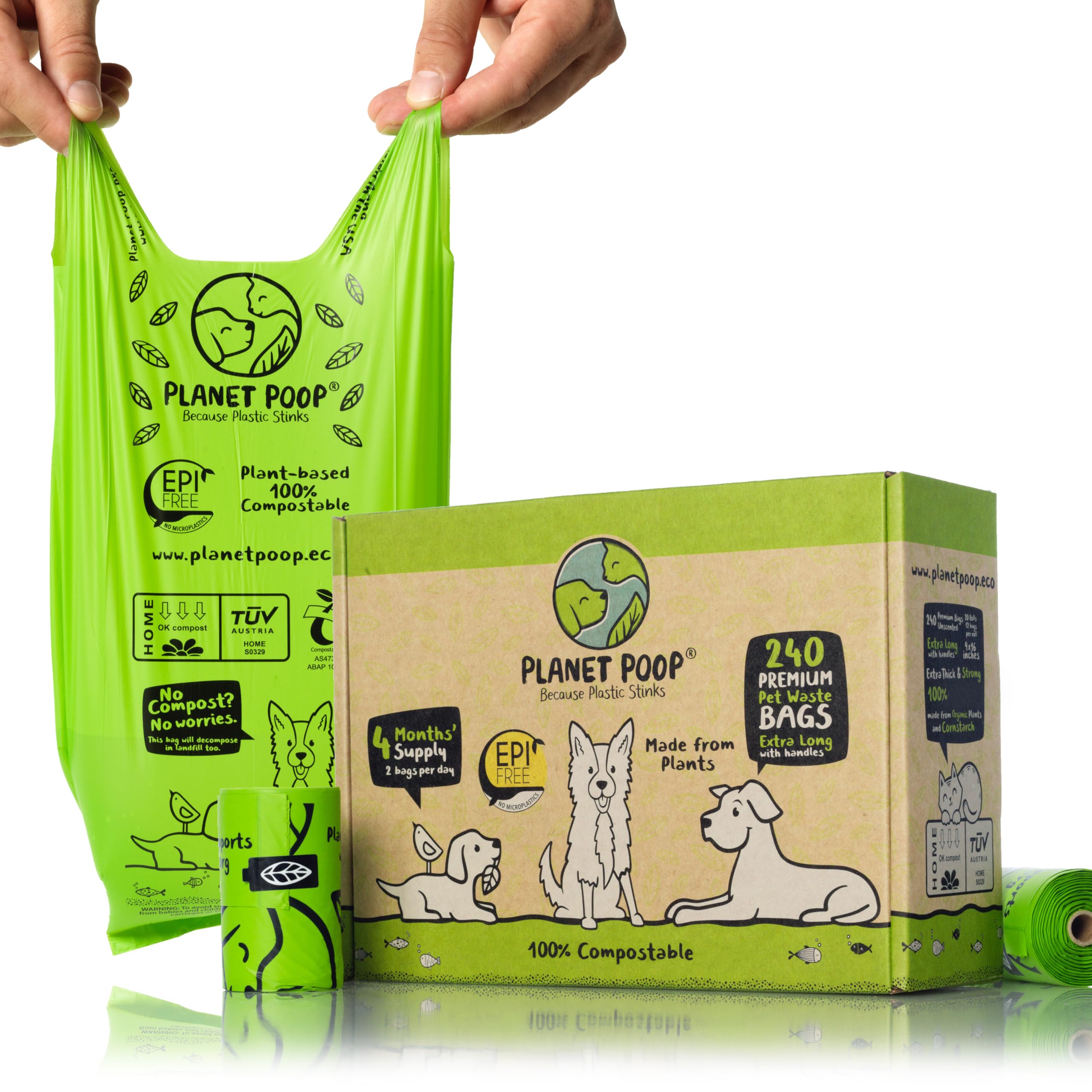 PLANET POOP Home Compostable Dog Poo Bags Extra-long with Handles 240 Biodegradable Un-Scented Pet Waste Bags Plastic Free, Thick Leakproof Plant-Based Doggy Bag Eco Cat & Dogs Earth Friendly Supplies