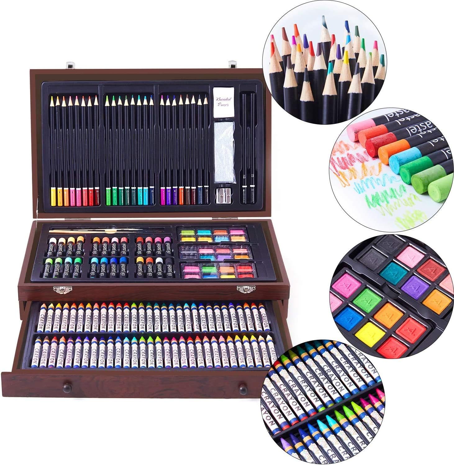 145 Piece Art Set with 2 x 50 Page Drawing Pad, Art Supplies in Portable Wooden Case, Crayons, Oil Pastels, Colored Pencils, Watercolor Cakes, Sharpener, Sandpaper: Arts, Crafts & Sewing