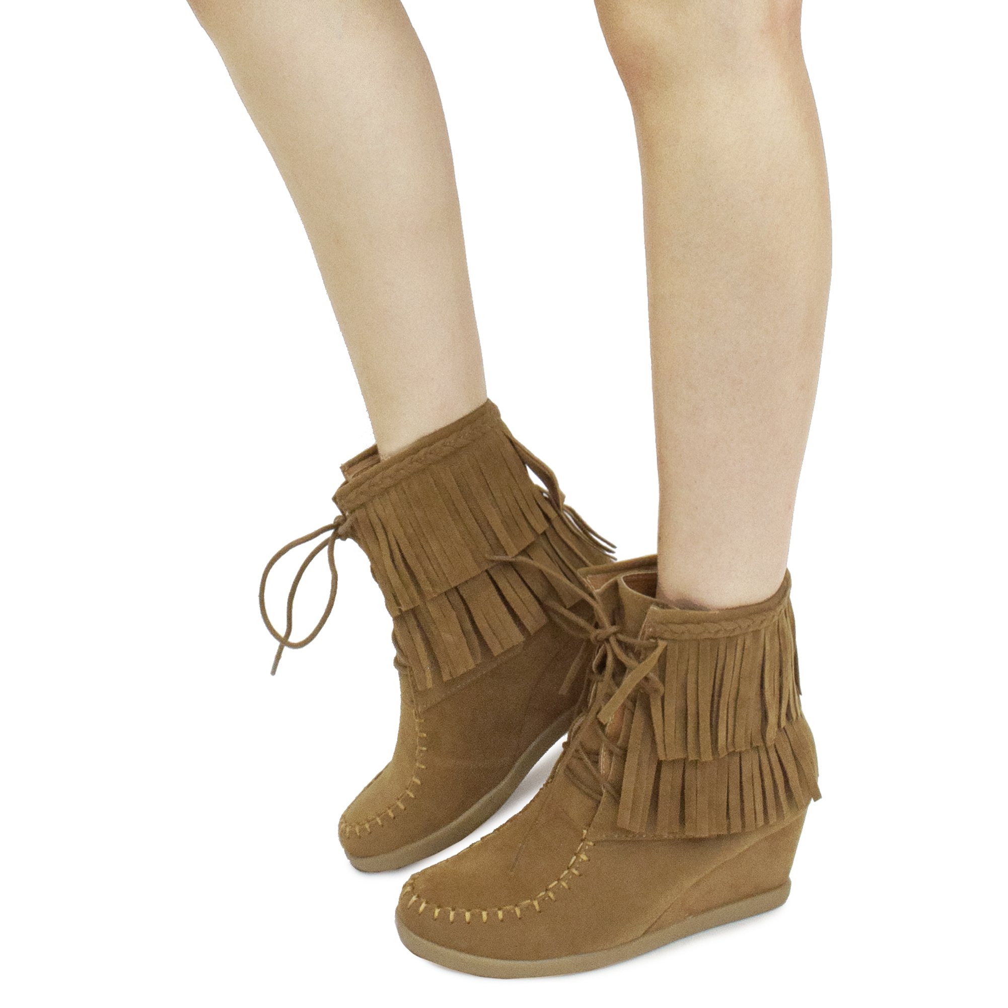 Women's Two Layered Tassel Moccasin Lace Up Fashion Ankle Wedge Bootie - Image 3
