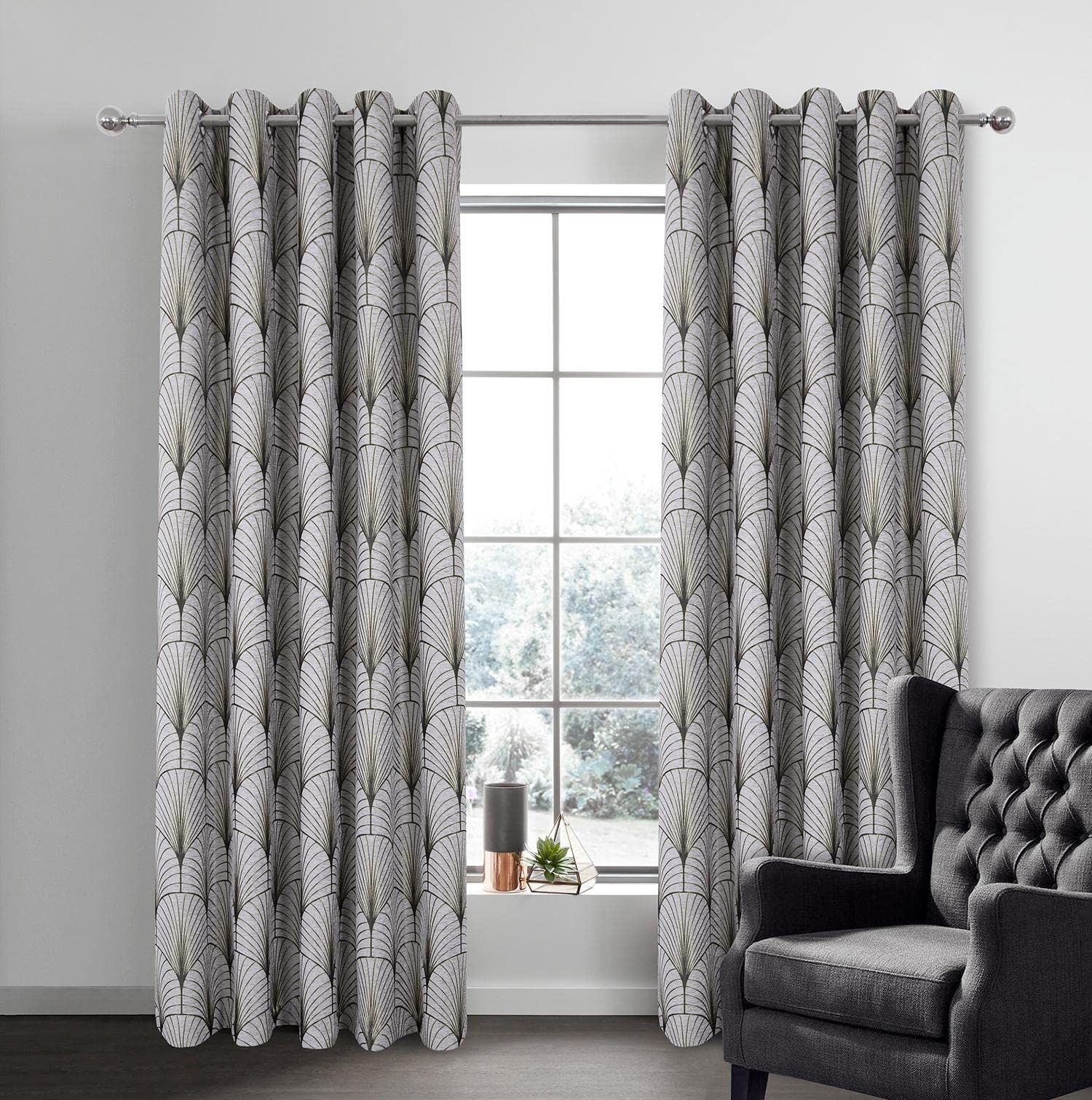 always4u Thermal Curtains Eyelet Soft 60% Blackout Curtain for Living Room Lined Woven Peacock Tail Pattern Energy Saving Window Drapes A Pair Grey 46 * 54 Inches