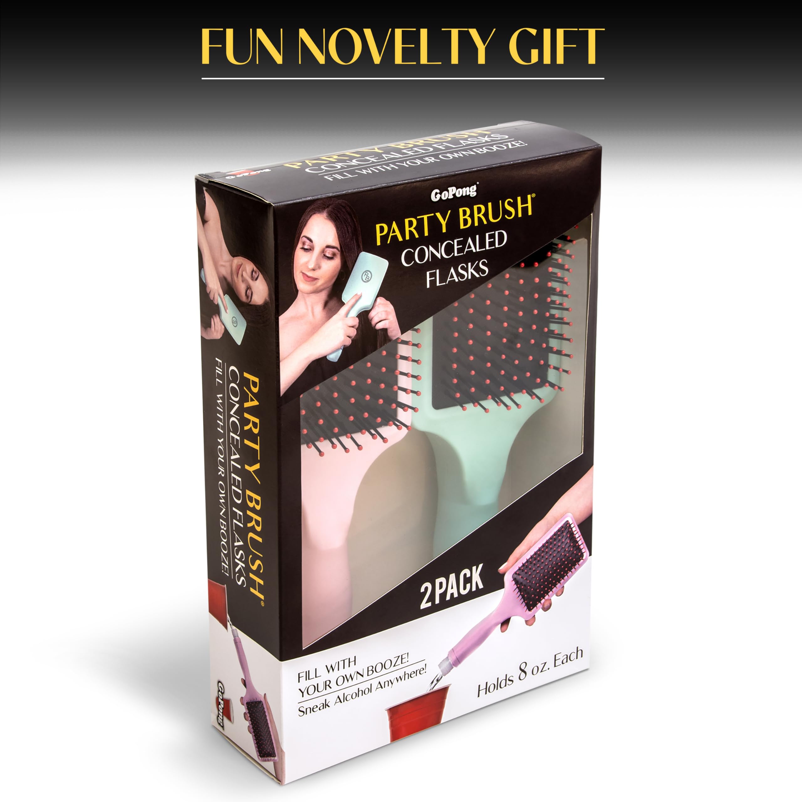 GoPong Party Brush Flask 2 Pack (16 oz Total) - Hidden Alcohol Travel Flasks – Secret Liquor Containers for Beaches, Cruises, and Sports Events – Includes Funnel & Spout