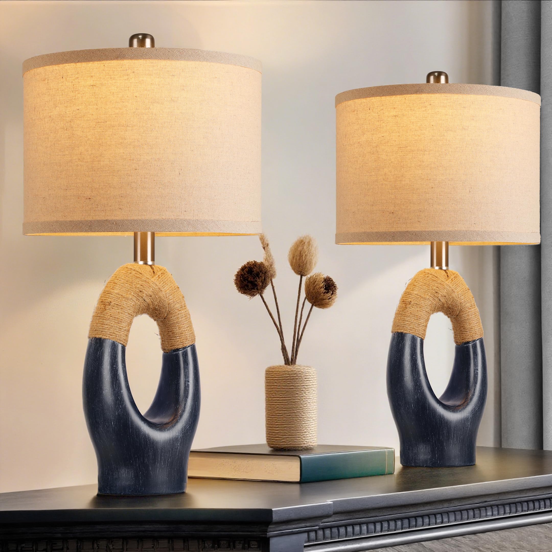 Photo 1 of Set of 2 Boho Rattan Table Lamps,21" Farmhouse Rope Lamps for Bedroom Night Stands,Blue Bedside Lamps with Linen Shades for Living Room Coastal Beach Decor(Bulbs Not Included)