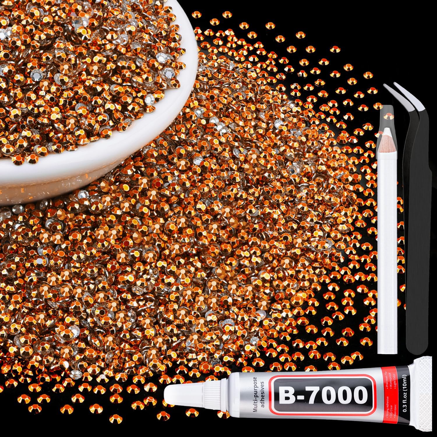 Photo 1 of 6000Pcs 3mm Resin Jelly Rhinestones with 1Pcs 10ml B7000 Jewelry Glue for Crafting, Copper Gold Flatback Gems, Bedazzling Crystal Bulk for DIY Crafts Clothing Shoes Nail Art Fabric