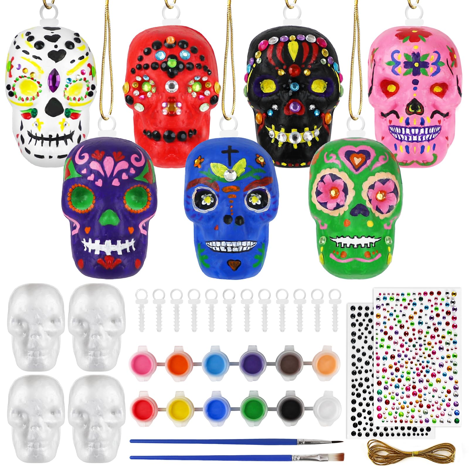 Photo 1 of 12PCS Day of the Dead Ornaments-Dia De Los Muertos Sugar Skull Decorations Crafts Kit, DIY Halloween Hanging Foam Skeleton Head Decor for Altar De Muertos Halloween Party Christmas Tree Decorations