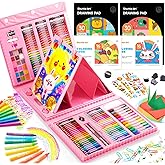 Shuttle Art 335 Piece Kids Art Set, Multi-Media Art Supplies, Gift Art Kit with Trifold Easel, 2 Drawing Pads, 2 Coloring Books, Oil Pastels, Crayons, Watercolors, Markers, Colored Pencils (Pink)
