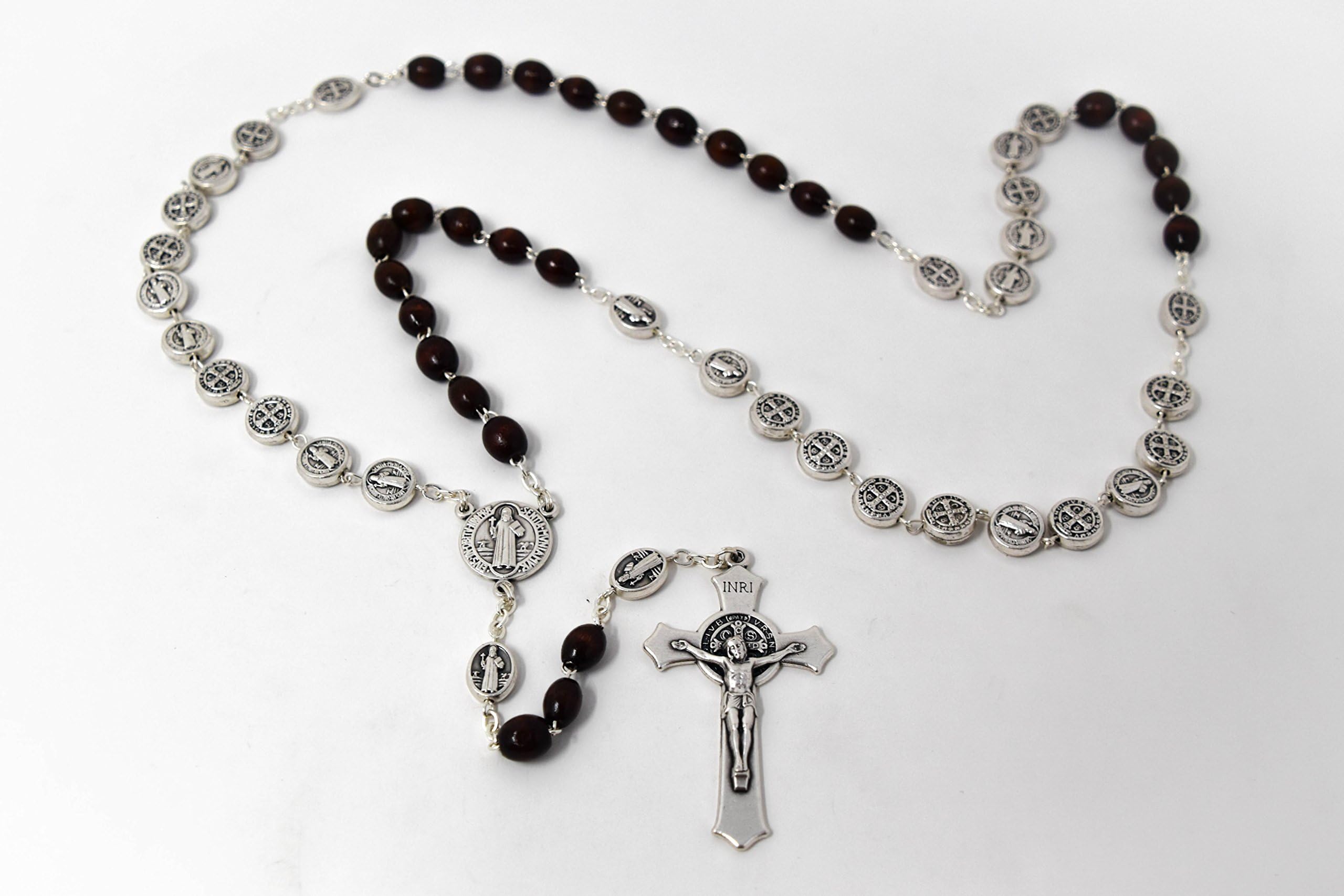 Catholic Gift Shop LtdSt Benedict Rosary Beads with Brown Wooden Beads & Silver St Benedict Medals, Men's Catholic Chaplets & Lourdes Prayer Card