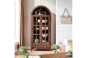 RowyPoey Farmhouse Arched Cabinet with Glass Doors, Wood Display Cabinet with Drawer and Adjustable Shelves, 71” Tall Bookshe