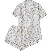 SWOMOG Women 2 Piece Pajamas Sets Short Sleeve Pj Sets Cute Printed Sleepwear Button Down Shirt with Lounge Shorts Set
