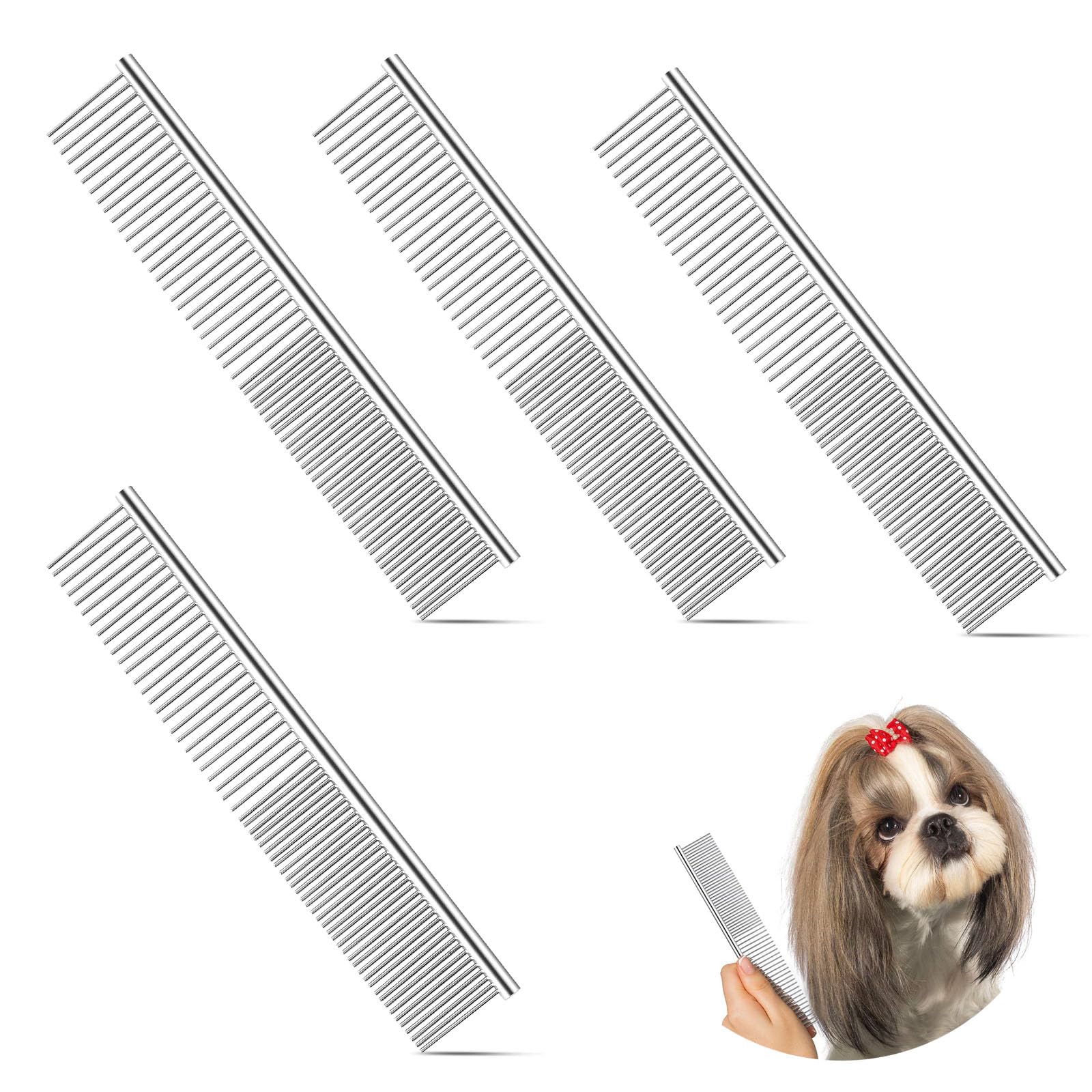 4Pcs Dog Comb, Pet Comb, Double-Tooth Pet Comb, Dog Comb Beauty Comb for Large Medium Small Dogs and Pet, Short-Haired Long-Haired Fur Detangling Tool