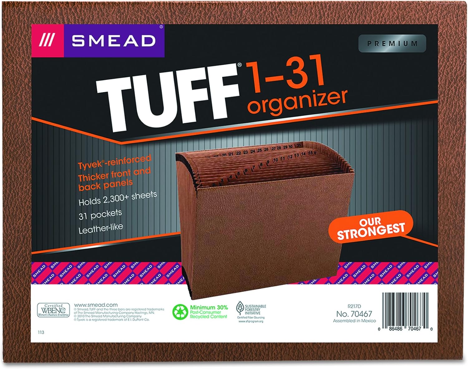 Smead TUFF Expanding File, 31 Pockets, Daily (1-31), Letter Size, Redrope (70467), LEATHER-LIKE : Expanding File Jackets And Pockets : Office Products
