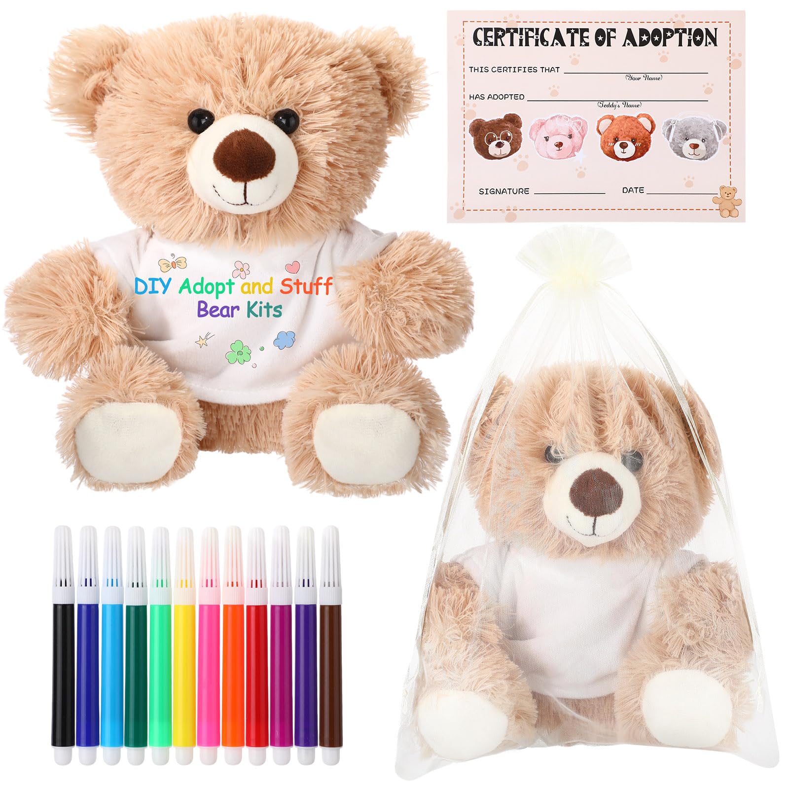 Photo 1 of HyDren 15 Pcs Make Your Own Stuffed Animal Bear Kit DIY Adopt and Stuff Kit Include10 Inch Soft Bear Plush with White T Shirt Adoption Card DIY Brush for Personalized Birthday Party Crafting Gifts