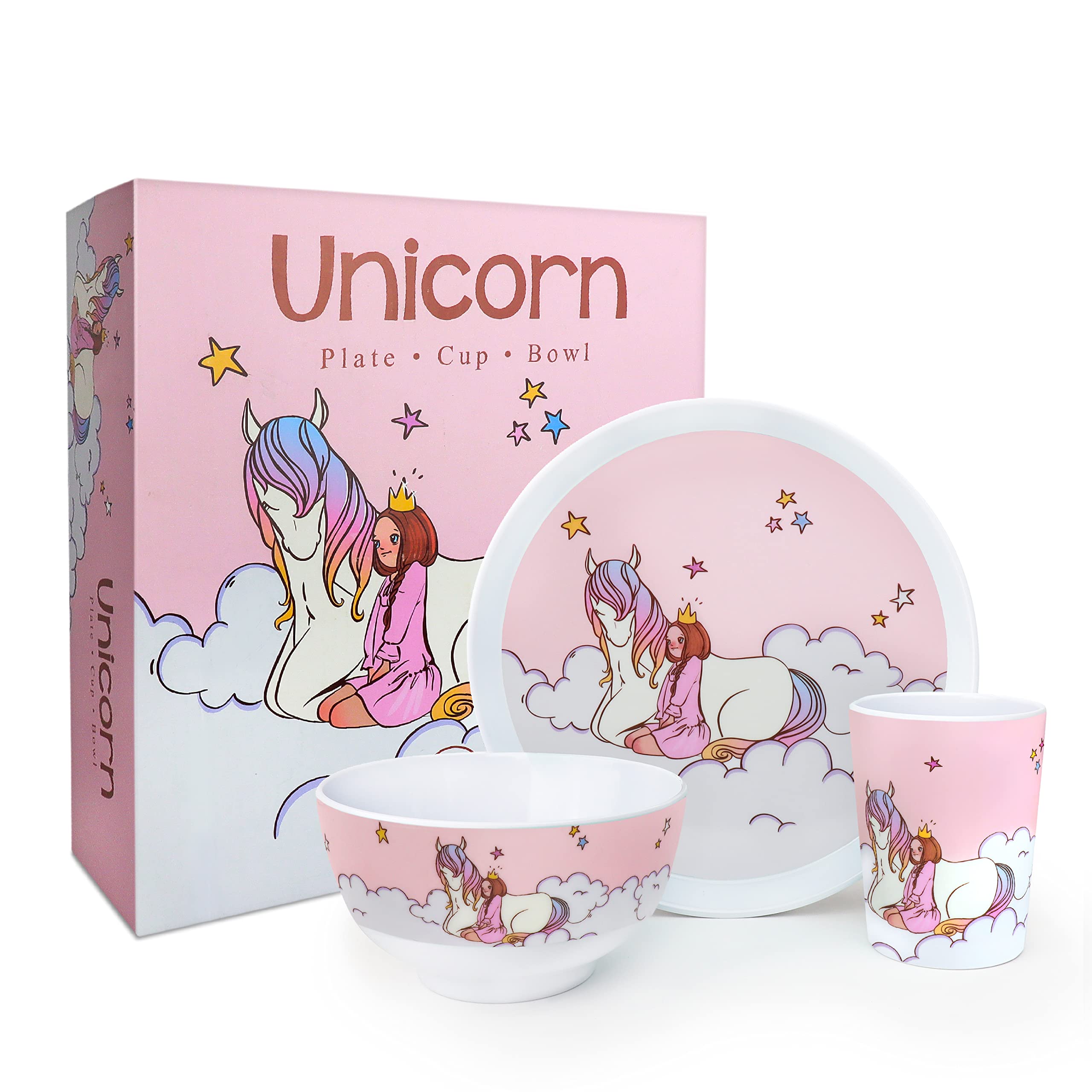 Unicorn Plastic Plates and Bowls Set for Kids – 3-Piece Shatterproof Dinnerware Set with Toddler Bowl, Plate, and Children's Cup – BPA-Free Plastic Dinner Set for Toddler Girls and Boys