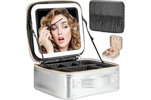Extrei Gent Makeup Travel Train Case with Mirror LED Light 3 Adjustable Brightness Cosmetic Bag Portable Storage Adjustable Partition Waterproof Makeup Brushes Makeup Jewelry Gift for Women