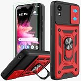 AKINIK for TCL 30Z T602DL Phone Case, TCL 30 LE Case with HD Screen Protector [2Pack], Heavy Duty Shockproof with 360 &deg; Rotation Metal Kickstand [Military Grade] Protective Case (Red New)