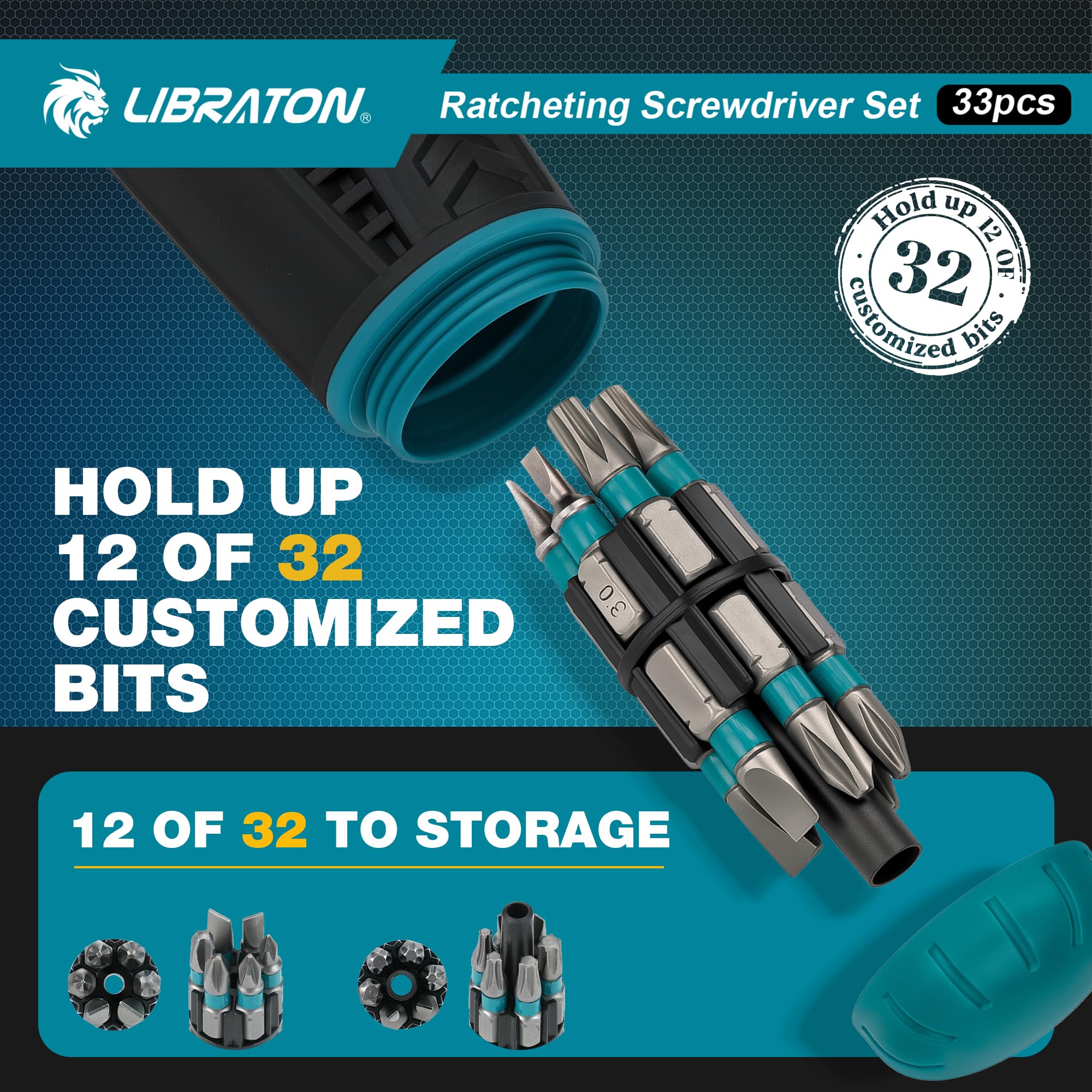 LIBRATON Ratschenschraubendreher Set, Multi Schraubendreher, 33-in-1 Magnetischer Schraubendreher, Schlitz-/Philips-/Pozi-/Torx-/Hex-/Vierkant-Bits, Ergonomischer Griff für Zuhause, Auto 5