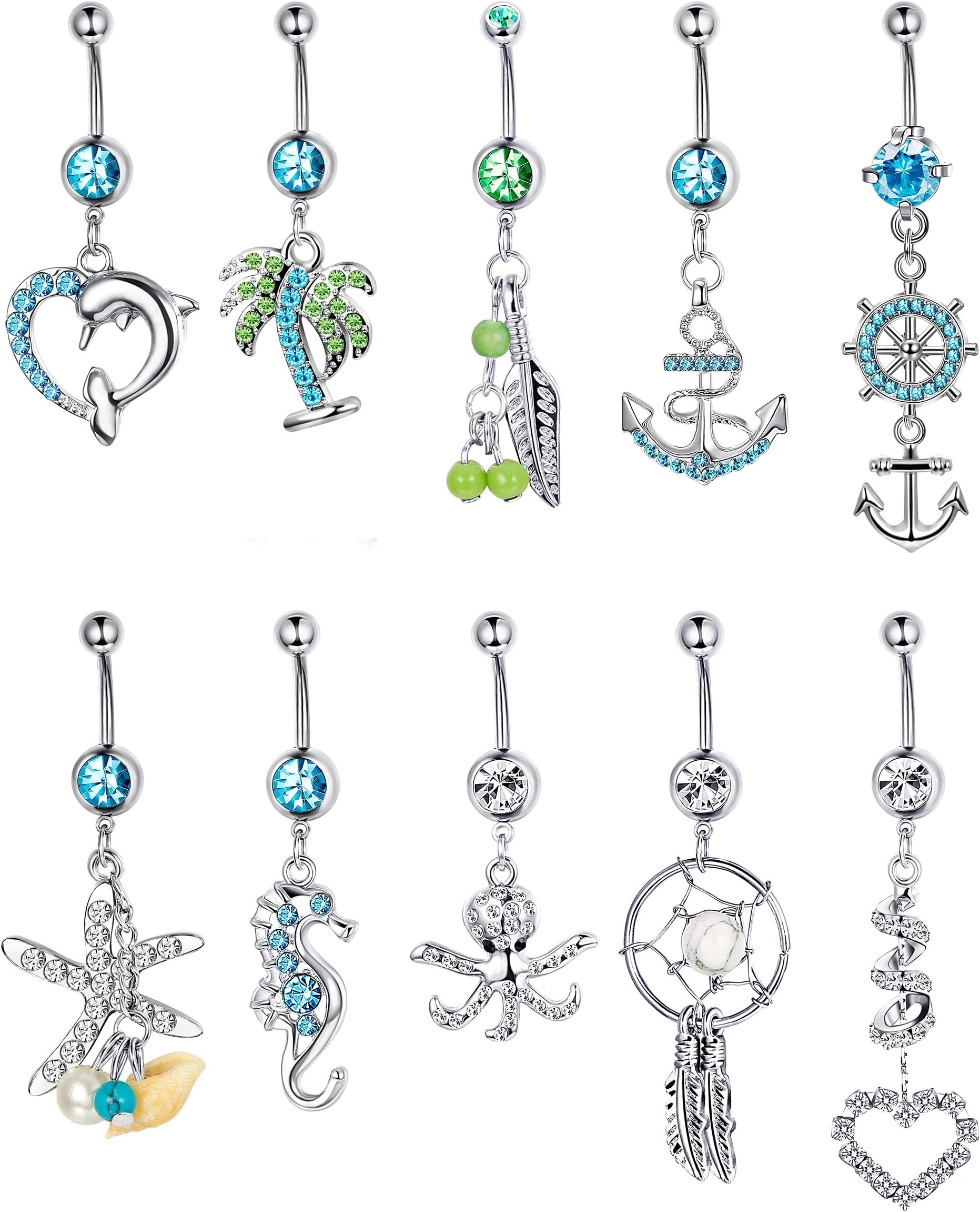 14G Stainless Steel Dangle Belly Button Rings Set Navel Curved Barbells Piercing