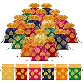 Kacctyen 48 Pcs Potli Bags for Diwali Indian Return Gifts, 6.7x9'', Vintage | Pooja Navratri Dussehra Karva Chauth Gift, Banyan Leaf Print, Bulk Traditional Jewelry Pouch for Women, Guest, Wedding Favors