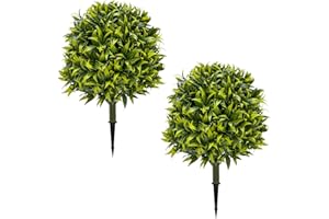 UNADRA Fake Shrubs Outdoors UV Resistant Faux Plants Topiary Trees Set of 2-27.5'' Artificial Bushes Boxwood Balls Greenery with Ground Spikes for Front Porch, Fake Evergreen Plants Outdoor Decor