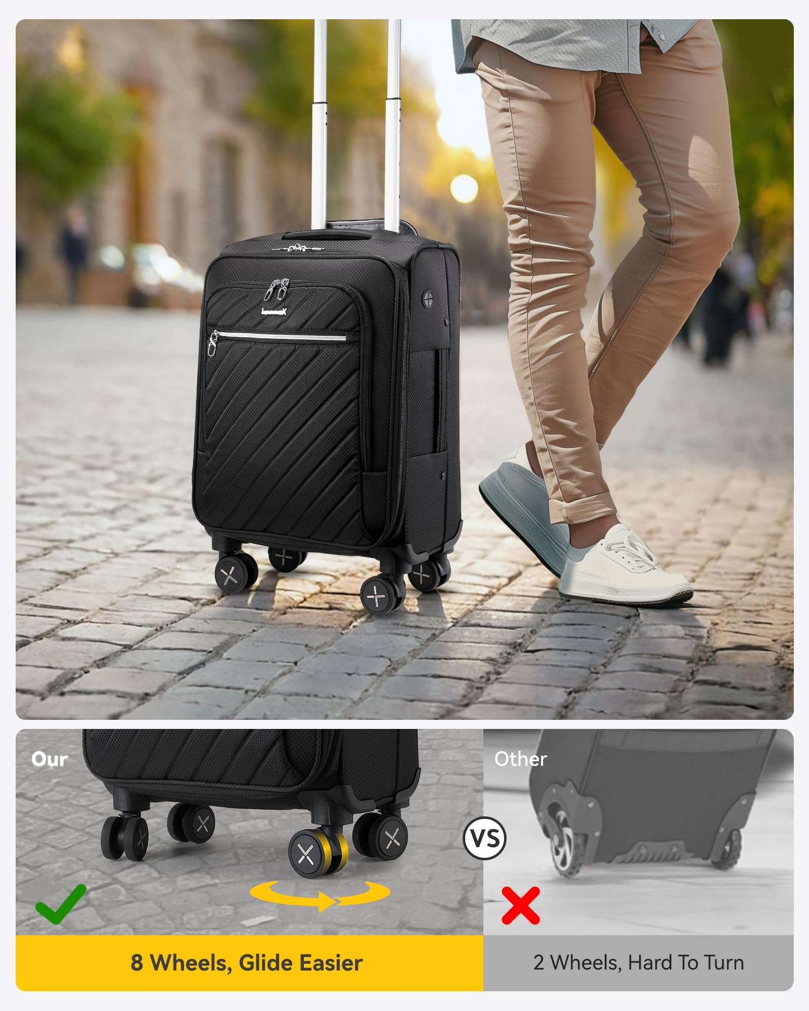 LUGGEX Carry On Luggage with Spinner Wheels - Stylish Lightweight Carry On Suitcase - Soft Sided 22x14x9 airline approved with Front Open Design for Travel, Business (Black, 20 Inch)
