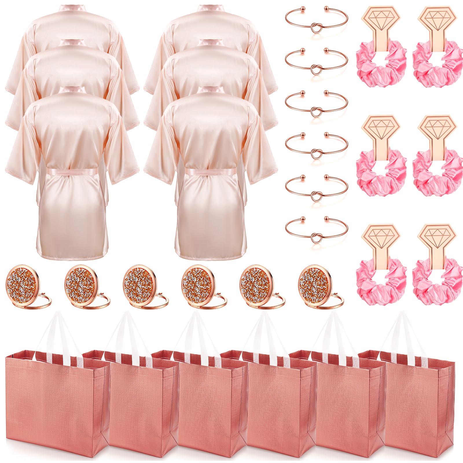 Photo 1 of Toulite 30 Pcs Kimono Robes Set for Women Includes Satin Robes Gift Bags Knot Bracelets Hair Ties with Diamond Metal Mirror for Birthday Wedding Party