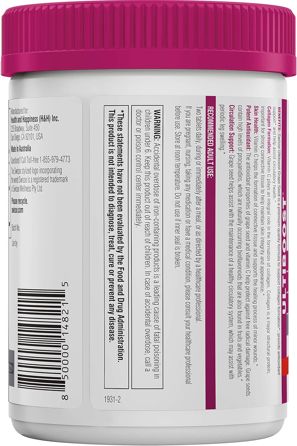Swisse Ultiboost Grape Seed Supplement | Promotes Skin Health & Collagen Production | Improves Circulation & Potent Antioxidant & Vitamin C | 300 Tablets: Health & Personal Care
