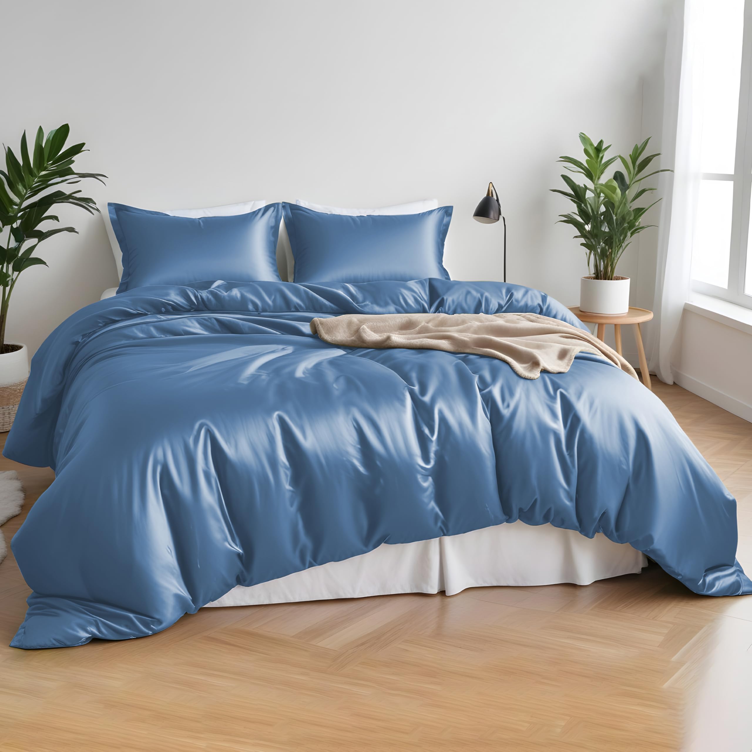 LINENWALAS 100% Organic Bamboo Core Bedding Set 4 Pieces With 1 Duvet Cover, 1 Fitted Sheet & 2 Pillowcases- Softest,Cooling & Perfect for Skincare (King,Bahamas Blue)
