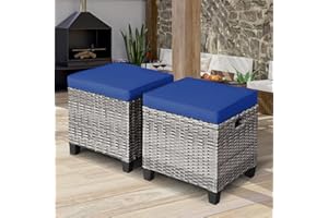 ORALNER Set of 2 Outdoor Ottoman, 16” Wicker Foot Stools, All-Weather Rattan Cube Footstool w/Removable Cushions, Square Footrest Extra Seating for Patio, Porch, Deck, Easy Assembly (Navy Blue)