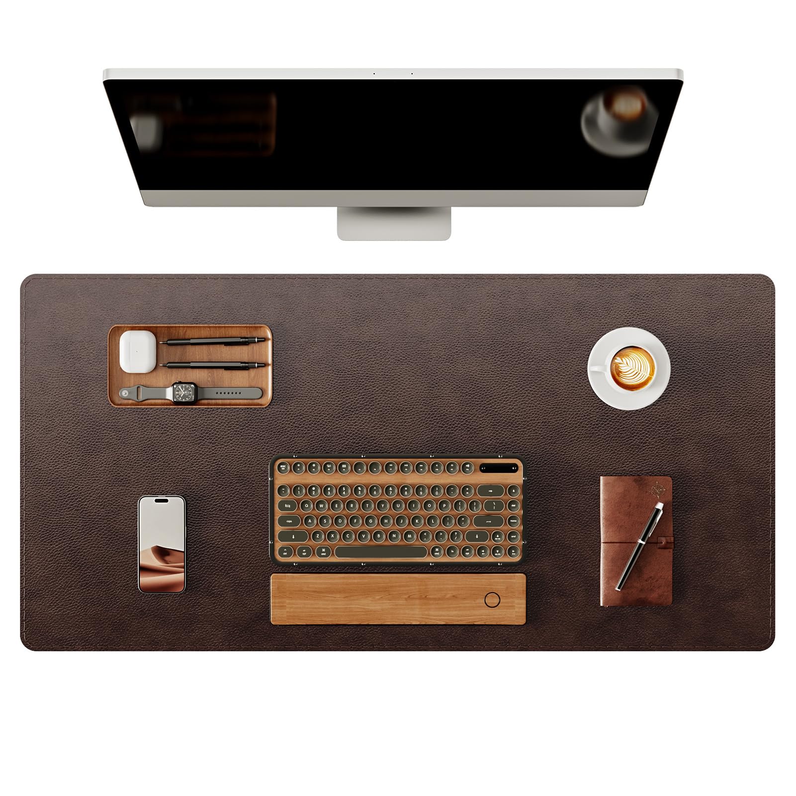 Photo 1 of YSAGi Genuine Leather Desk Mat, 31.5"x15.8" Office Desk Pad, Thick Premium Table Pad with Stitched Line, Non-Slip Laptop Writing Pad with Rubber Base (Dark Brown, 31.5"x15.8")