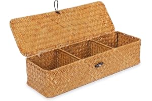 Nonam Seagrass Storage Small Basket with Lid - 3-Section Divided Organizer for Tea,Sugar,Coffee,Tampons - Woven Shelf Bin for Closet, Toilet Tank - Rectangular Narrow Boho Basket Home Decor