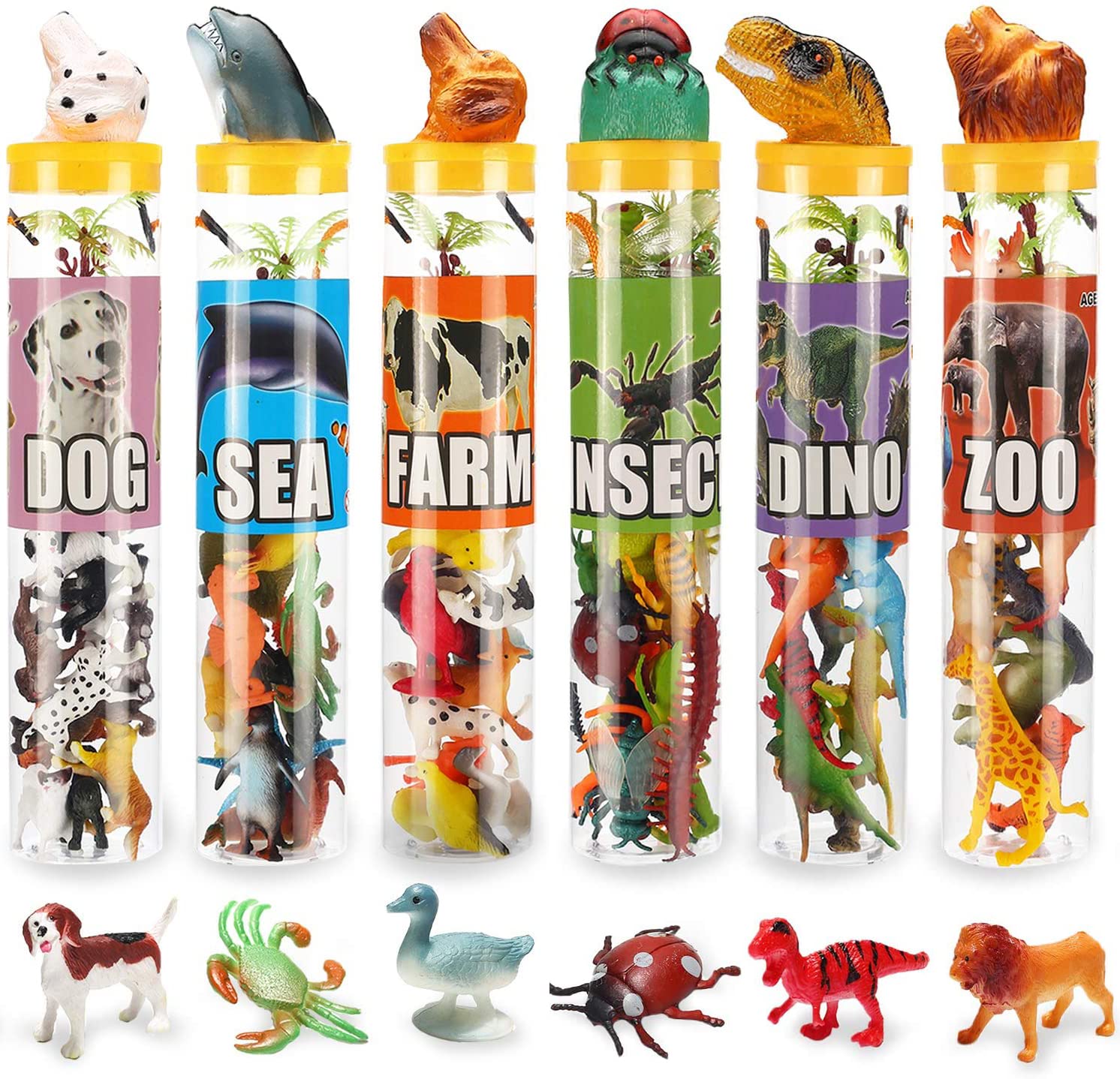 Mini Animal Figure Toys in Tubes - 82 Piece Assorted Dinosaur, Insect, Ocean, Sea, Farm, Jungle, Dog Figure Realistic Vinyl Plastic Zoo Play Set, Small Toys for Cupcake Topper