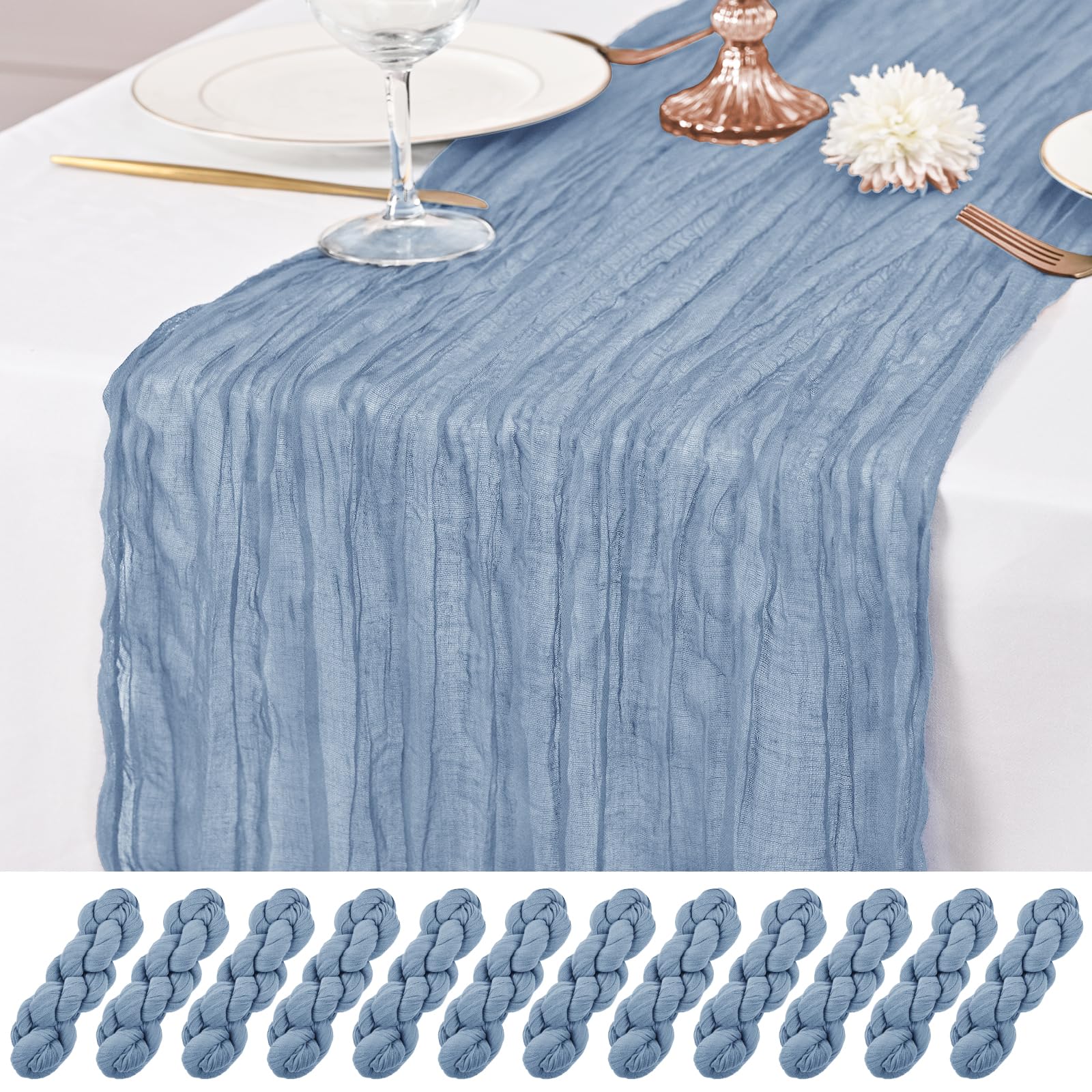 Photo 1 of 12 Pack Dusty Blue Table Runner 10Ft Cheesecloth Table Runner Rustic Gauze Table Runners Romantic Long Sheer Fabric Cheese Cloth Table Runners for Wedding Party Bridal Baby Shower
