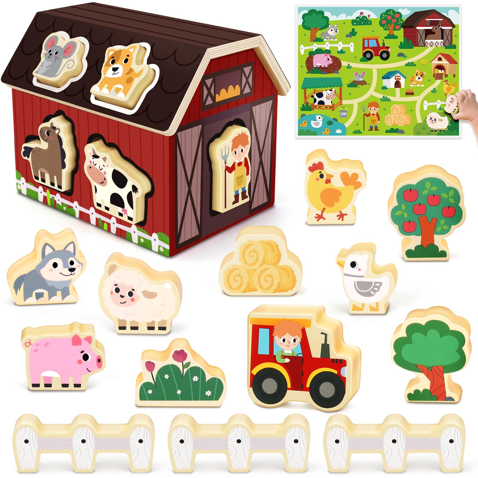 Toy for 1 2 3 Year Old Boys Toddlers, Wooden Montessori Toy for Boy Girls 2 3 4 Birthday Gift for Baby 12+Months | Educational Learning Present for Girl Boys Age 2 3 4 | Farm Animals Toys for Toddler