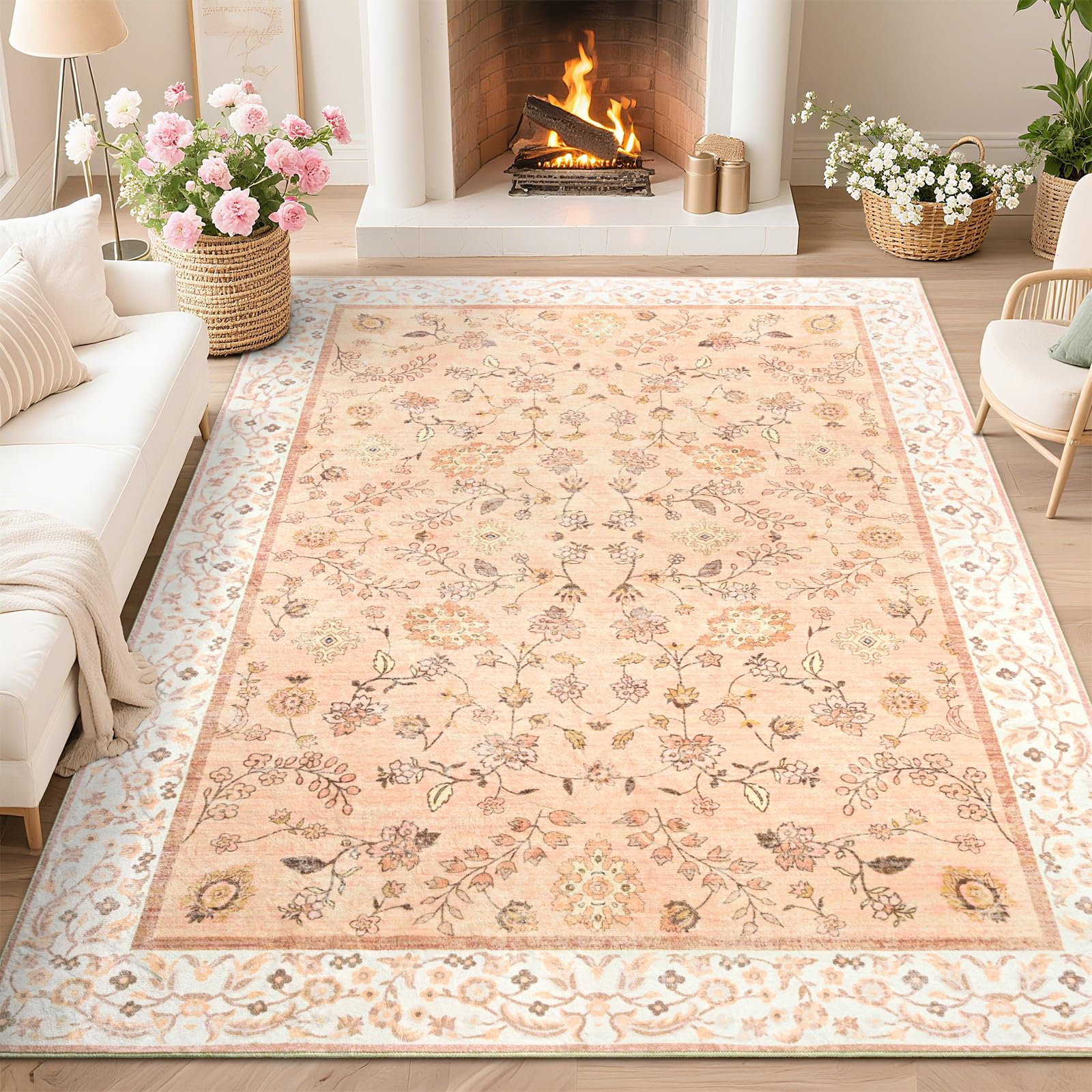 Photo 1 of Rugs for Bedroom Living Room, Orange Washable Floral Area Rug 4x6, Soft Low Pile Thin Indoor Non Slip Carpet for Kitchen Dining Room, Boho Throw Carpets for Kids Nursery Playroom Dorm Home Decor