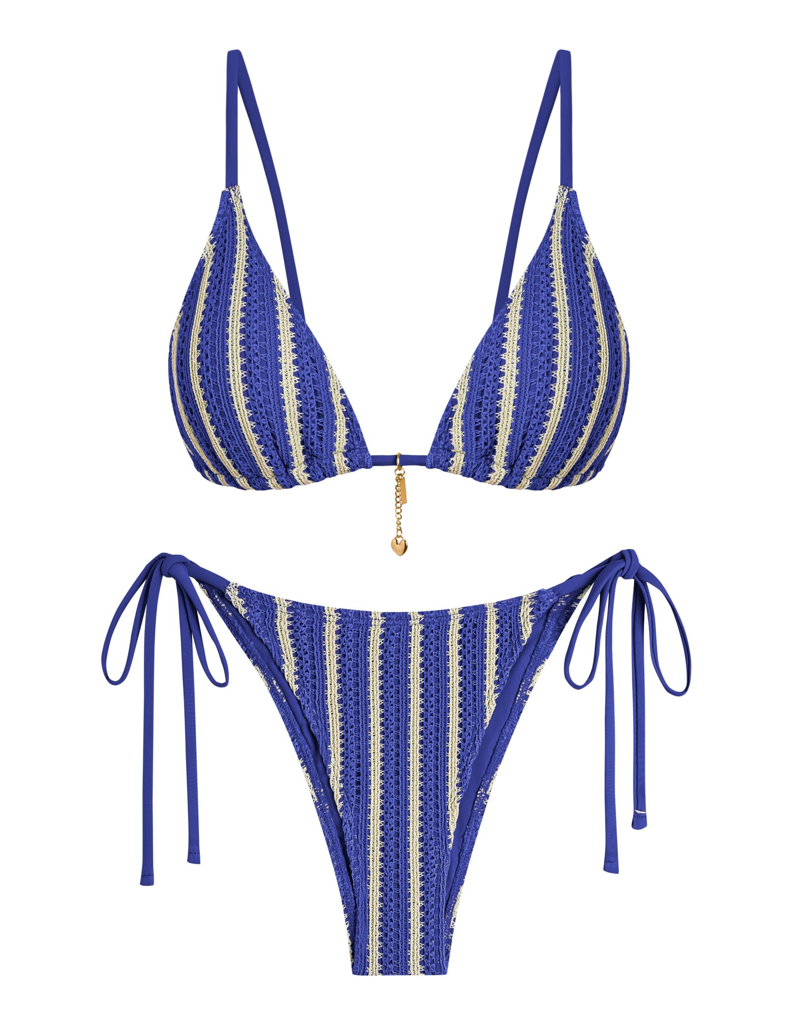 Photo 1 of (MEDIUM) (BAGGED) ZAFUL Bikini Sets for Women Swimsuits Striped Triangle Knit Bikini Two Piece Swimwear Tie Thong High Cut Sexy Bathing Suits Blue M