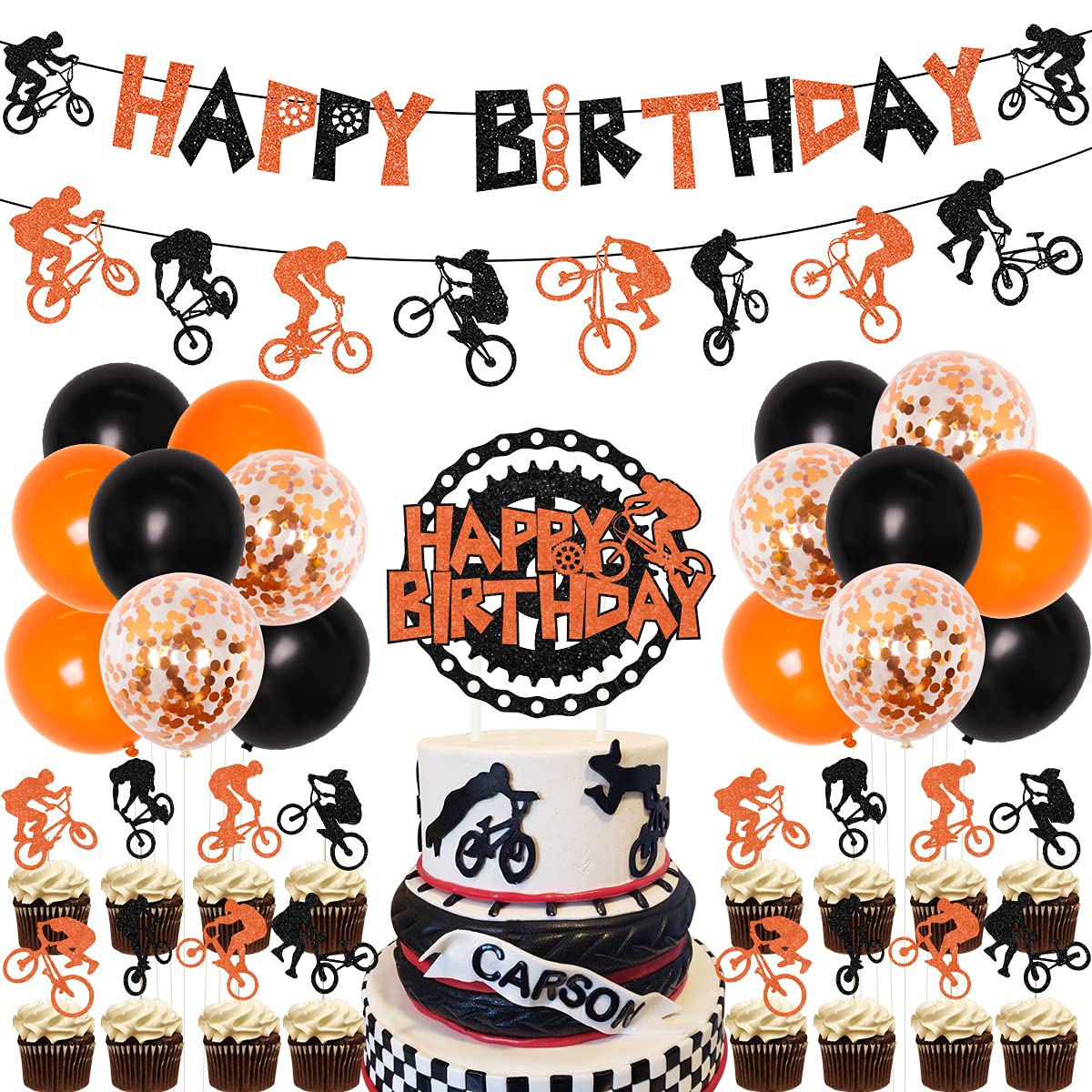 Bicycle Birthday Decorations for Boys, Bike Themed Happy Birthday Banner and Garland, Glitter Cake Topper, Cycling Cupcake Toppers for Extreme Sports BMX Bike Theme Birthday Party Supplies