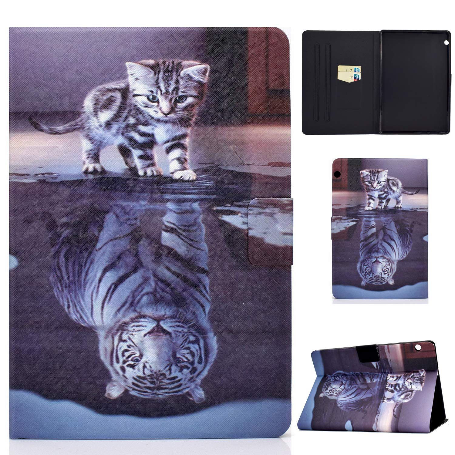 Succtop Huawei Mediapad T5 10 Case Flip Wallet Magnet Buckle Multifunction Tablet Protective Case with Auto Sleep/Wake Function and Card Slot for Huawei Mediapad T5 10 10.1 Inch 2018 Cat and Tiger